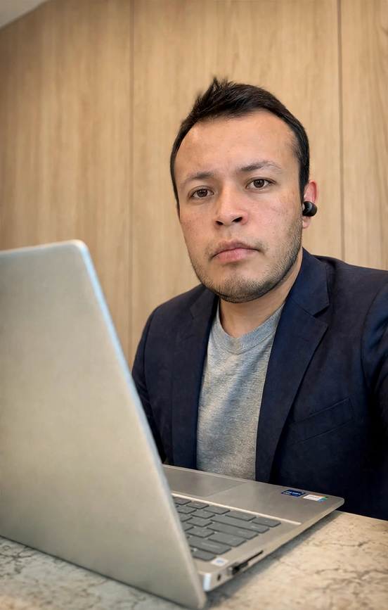Edgar frente a su laptop, de saco y camiseta gris