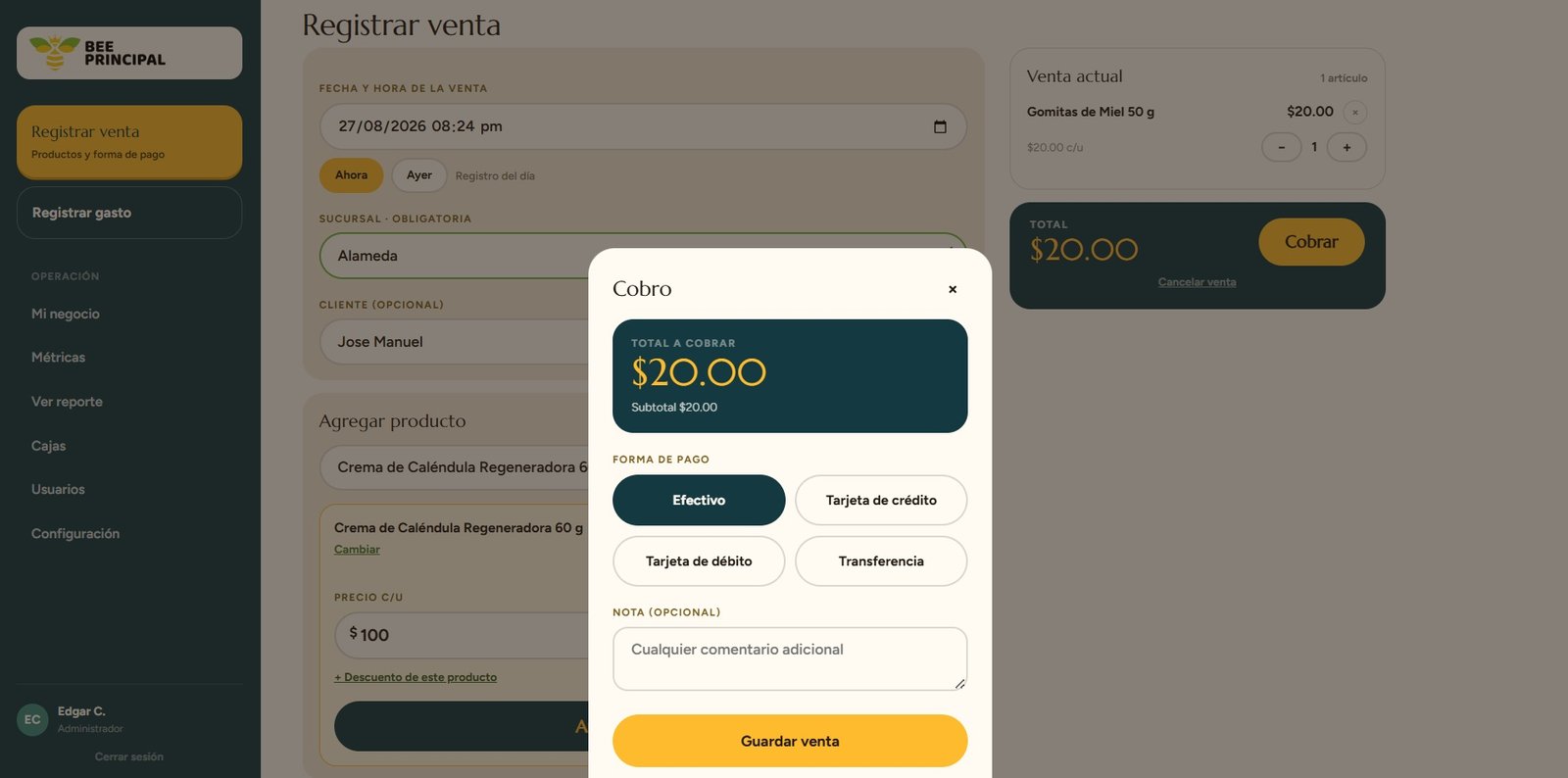 Pantalla de registro de venta del punto de venta
