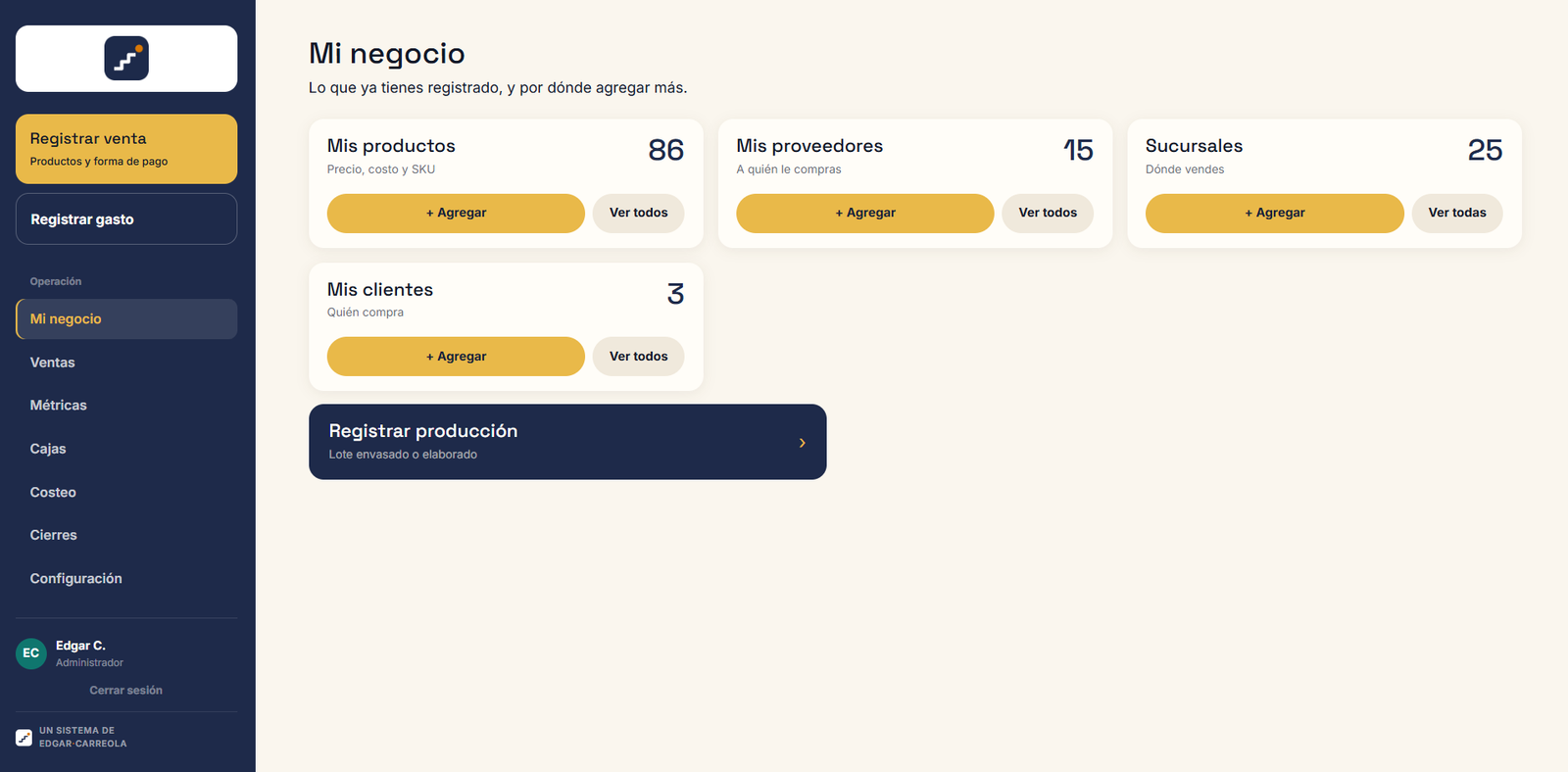 Pantalla de catálogo: productos, proveedores y sucursales
