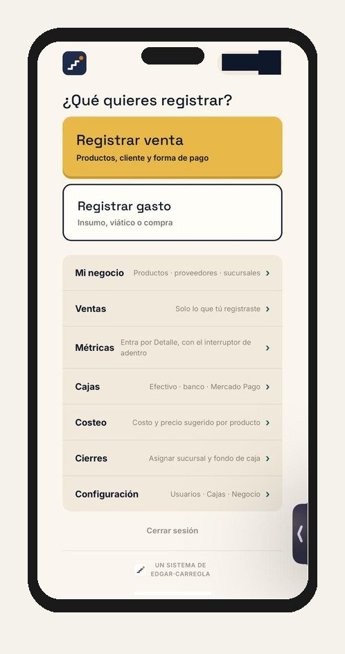 Menú principal del sistema en el celular, con los módulos listados