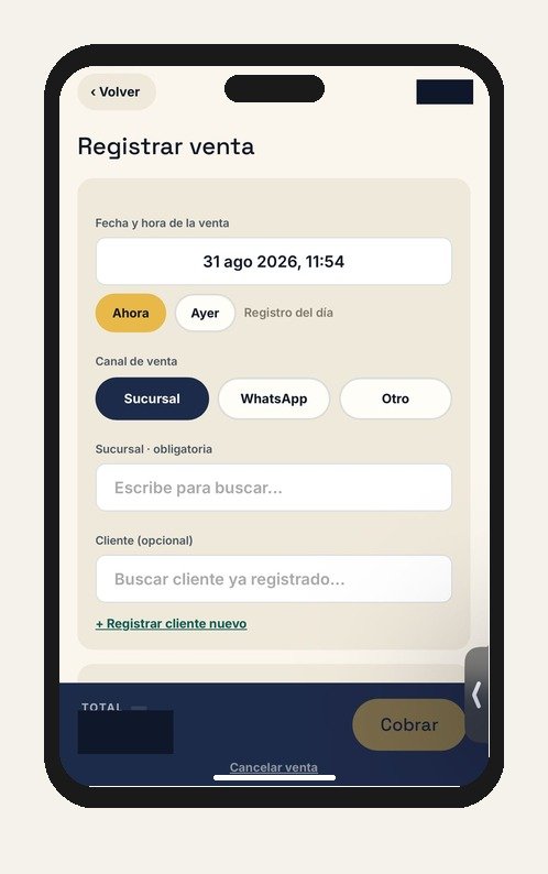 Registro de una venta desde el celular: fecha, canal, sucursal y cliente