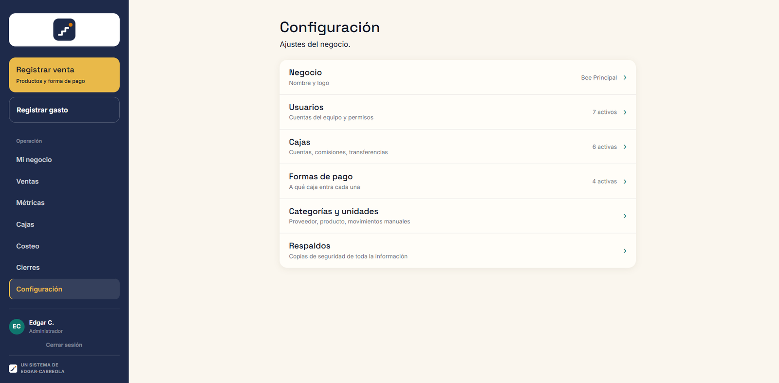 Pantalla de configuración: negocio, usuarios, cajas, formas de pago, categorías y respaldos